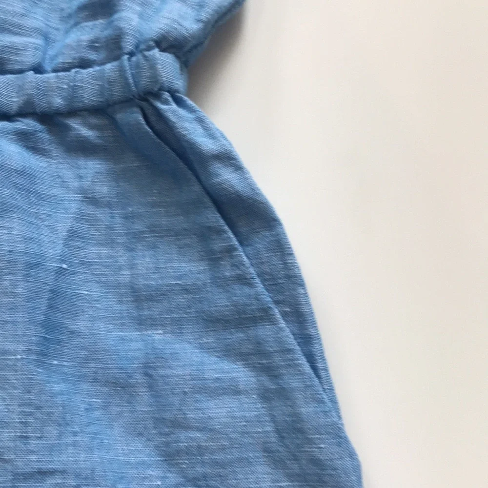 J. Crew Linen Short Sleeve Scallop Trim Scoop Neck Romper Chambray Blue Sz M NWT